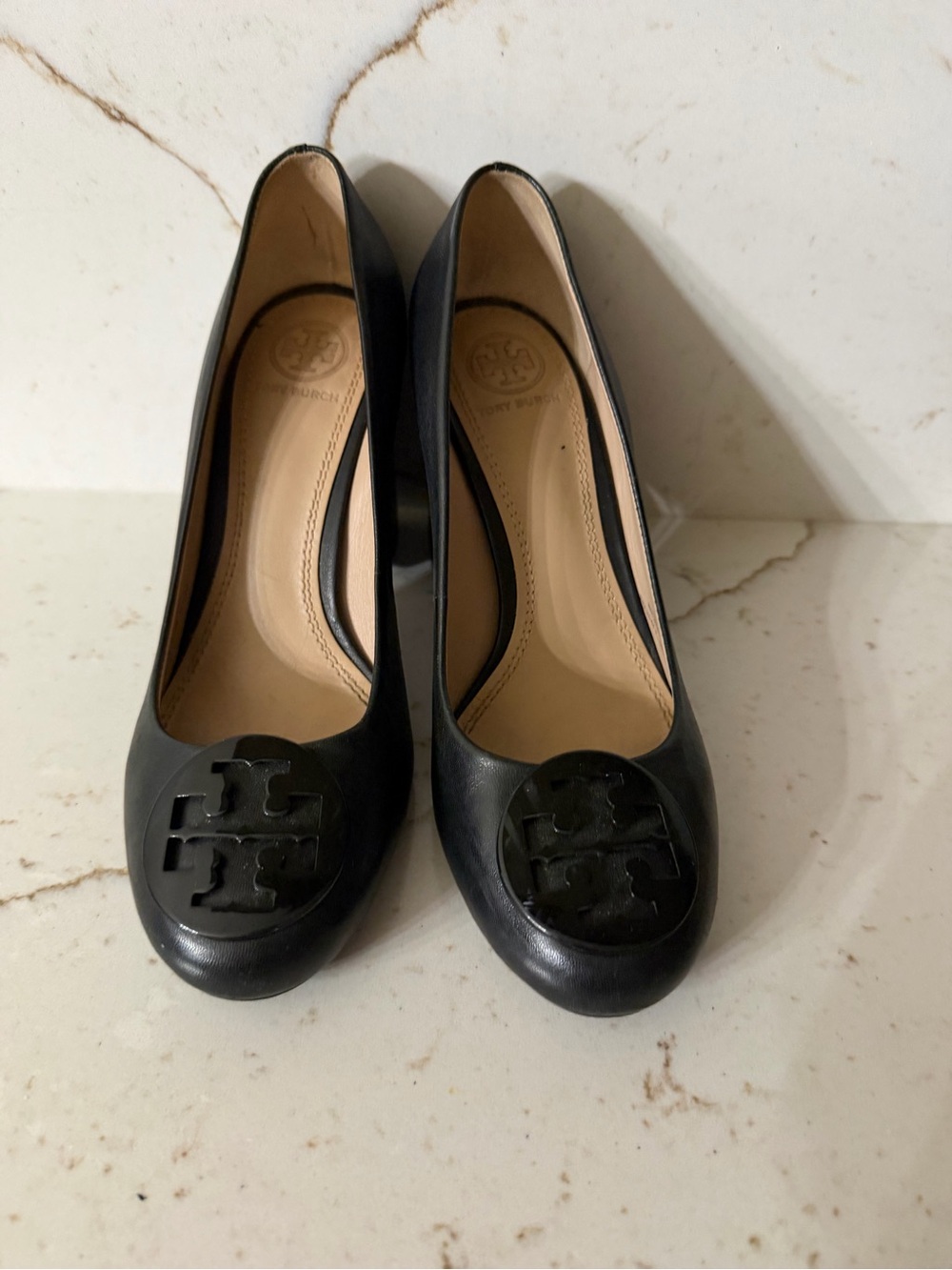 Tory Burch Black Leather Logo Round-Toe Heels